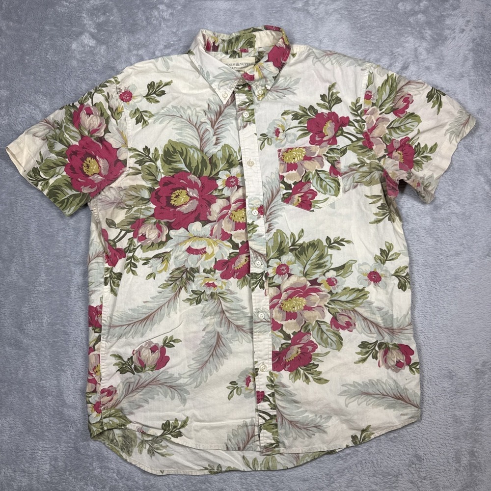 Denim & Supply Ralph Lauren Button Shirt Mens Medium Beige Floral Hawaiian